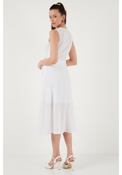 Lela Nakışlı Regular Fit Kolsuz Midi Bayan Elbise 611El00959 Ekru-Indigo
