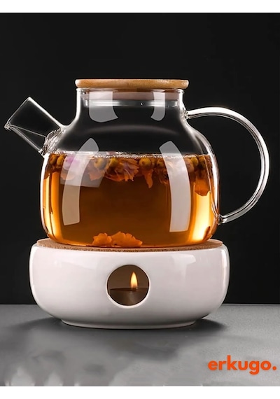 Vakumlu Bambu - Metal Kapaklı Isıya Dayanıklı Borosilikat Cam Demlik, Süzgeçli 1000 Ml Teapot Cam