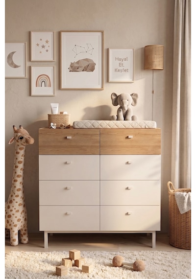 Robinhome Bebek Odası Çocuk Odası Geniş Şifonyer 8 Çekmeceli Ahşap Ayaklı