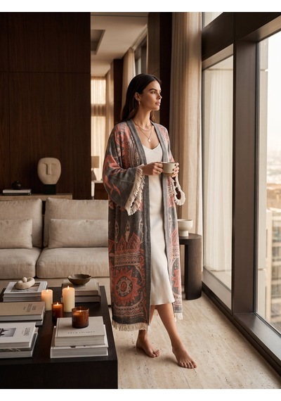 Brandsmiths Grey- Orange Mandala Kimono Sarı