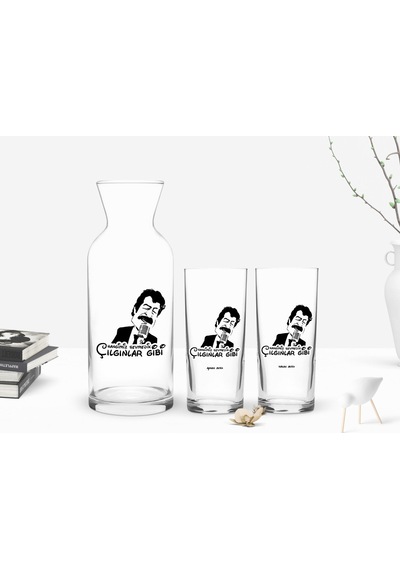 Kişiye Özel Renkli Baskılı Hangimiz Sevmedik Çılgınlar Gibi Tasarımlı İkili Rakı Bardağı Ve Karaf Hediye Seti-1