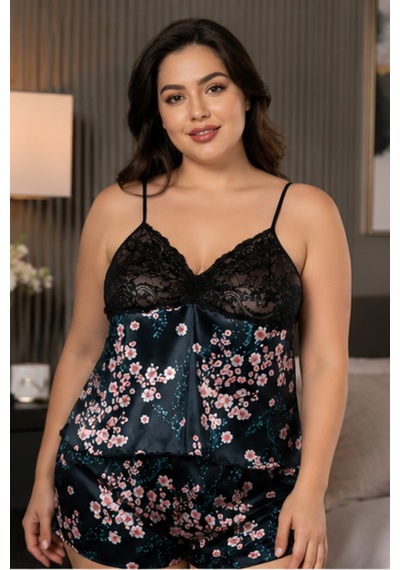 Loule Büyük Beden Lacivert Çiçekli Siyah Dantel Şortlu Pijama Çok Renkli Loule Büyük Beden Lacivert Çiçekli Siyah Dantel Şortlu Pijama Çok Renkli