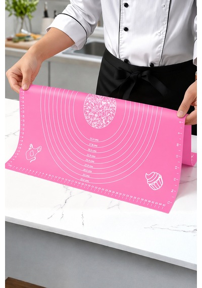 Silikon Hamur Açma Yoğurma Matı Skalalı Kaymaz Yapışmaz Kolay Temizlenebilir 40x50 Cm Pembe