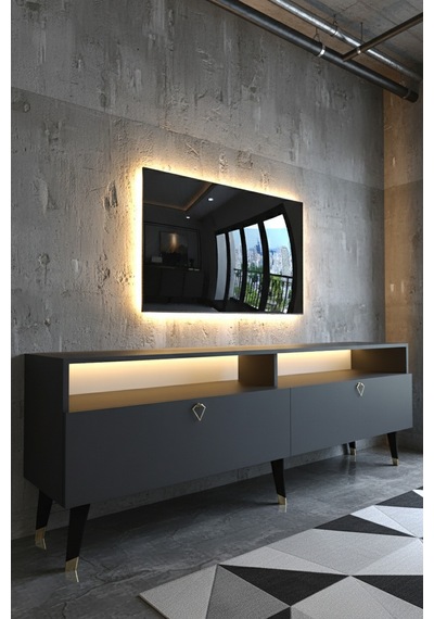 Resital Ledli Tv Sehpası - Led Işıklı - Gold Antrasit - Gl9016-4