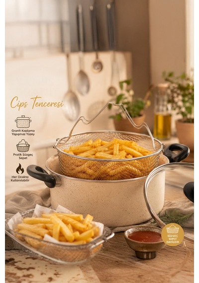 Porsima 4404 3 Parça Granit Kızartma Cips Tenceresi 22cm 2lt Krem
