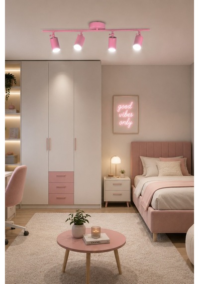 Spoty 4'lü Pembe Renkli Beyaz Işık Modern Tasarım Salon - Mutfak - Banyo Spot Sıralı Avize