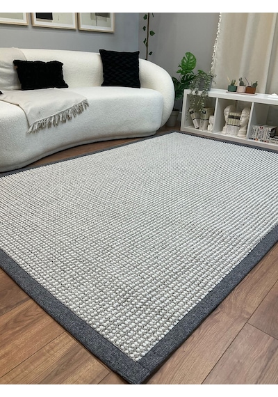 Saraz Halı Kumaş Bordür Bej Bukle Siyah Bordür Halı Salon Koridor Mutfak Çocuk Odası Halısı Kilim S263 Gri