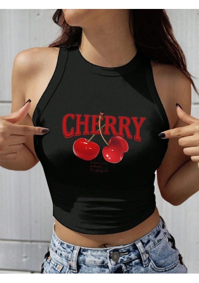 Afri Kadın Siyah "Cherry" Baskılı Kolsuz Crop Atlet - Yazlık Sokak Stili Siyah
