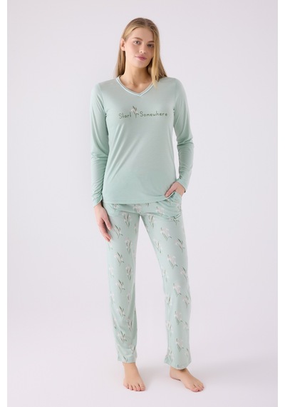 Arnetta 3062 Uzun Kol Kadın Pijama Takımı Yeşil