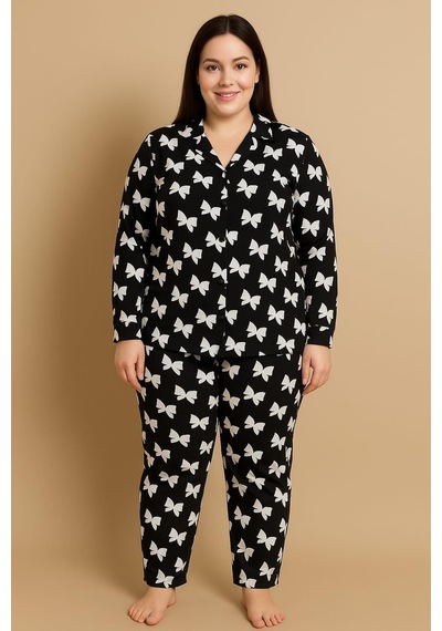 Pemilo Kadın 20703 Büyük Beden Düğmeli Pijama Takımı Siyah Siyah