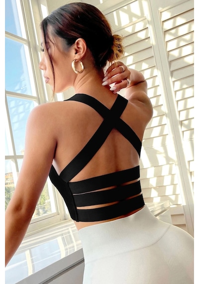 Epilons Zenviaatt2 Kadın Siyah Sırtı Çapraz Lastik Detaylı Crop Top Bluz Zenvi312
