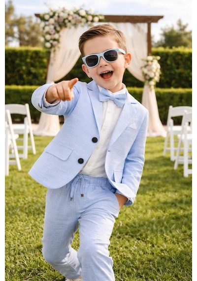 Baby Kids Colors Erkek Çocuk Flamlı Keten Salaş Ceketli Takım Elbise / Gömlek Pantolon Ceket Papyon Keten Takım Mavi