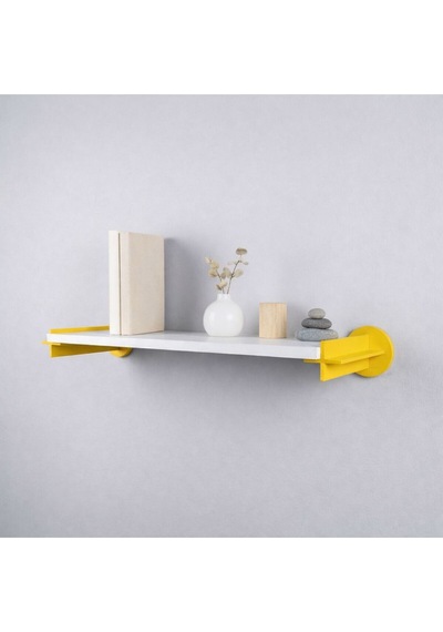 Basartstudio Dekoratif Modern Duvar Rafı - 3d Tasarım Kırmızı Destekli Kitaplık Ve Obje Rafı Sarı