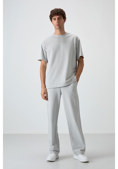 Air Jones Tommy Life Taş Pamuklu Kalın Yüzeyi Dokulu Oversize Fit Baskılı Erkek T-shirt - 88364 Taş