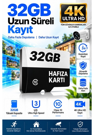 32 Gb Hafıza Kartı Faster Transfer Speed Class 10 4k Video Kayıt Güvenlik Kamera Uyumlu