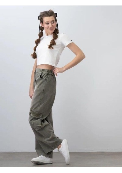 Zekids Kız Çocuk Beli Lastikli Gabardin Pantolon-15534 Haki