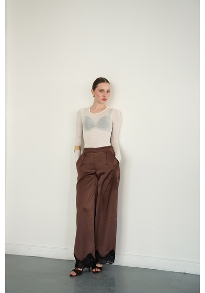 Verymoda Paçası Dantelli Saten Pantolon D2969 Kahve
