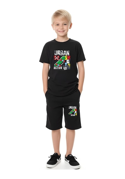 Fyk Kids Erkek Çocuk Tişört-şort Urban Skate Baskılı Alt-üst Takım Siyah