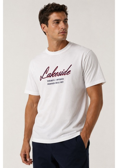 Me Selection Lakeside Tasarım %100 Pamuk Unisex Basic Tişört Beyaz