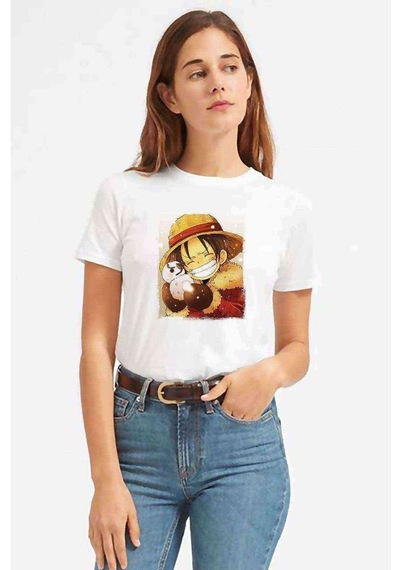 Anime One Piece Luffy Straw Hat Baskılı Beyaz Kadın Tshirt