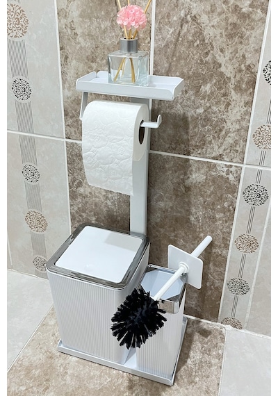 6 Parça Banyo Seti Çöp Kovası, Wc Fırça, Tuvalet Kağıtlık, Diş Fırçalık, Sıvı Sabunluk, Sabunluk Beyaz - Krom