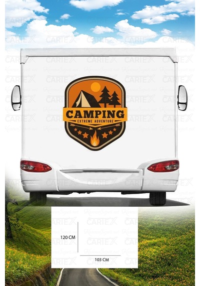 Karavan Kamp Baskı Sticker - Macera Sticker - Ateş Sticker - Ağaç Sticker - 103x120 Cm