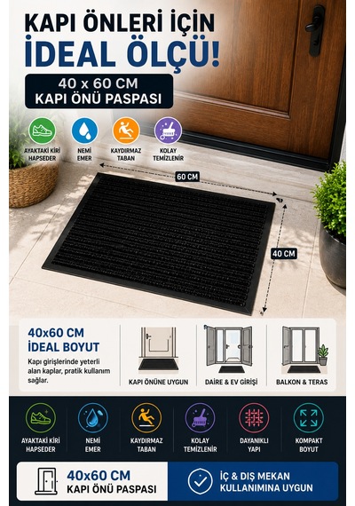 Siyah Dış Mekan 40 X 60 Cm Kapı Önü Paspas Kaydırmaz Taban Nem Alıcı Kir Tutucu Ev Giriş Paspası