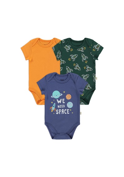 Civil Baby 3 Lü Roket Empirmeli Kısa Kol 0-36 Ay Çıtçıtlı Badi - Yeşil Çam Yeşili