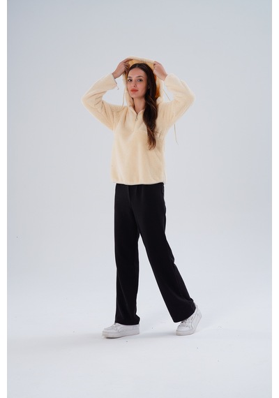 Gülmina Moda Kadın Çift Taraflı Wellsoft Yarım Fermuarlı Kapişonlu Sweat - Krem