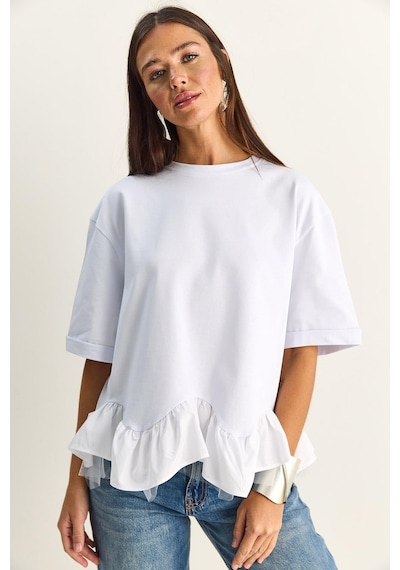 Shade Kadın Tül Detaylı Volanlı Oversize Basic T-shirt 8789 60286165 - Beyaz