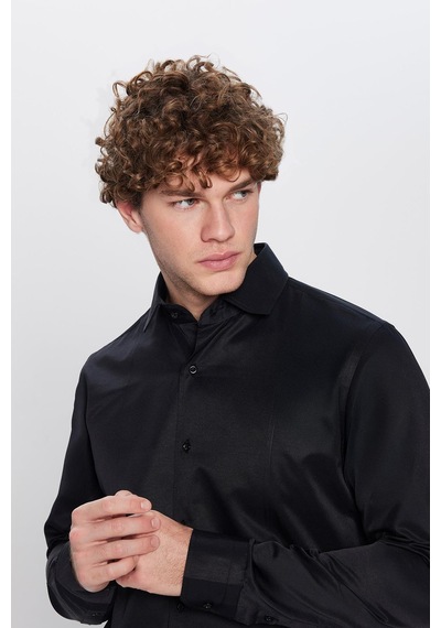 Tudors Slim Fit Dar Kesim Uzun Kollu Önden Kulplu Düz 4 Mevsim Erkek Gömlek-31320 Siyah