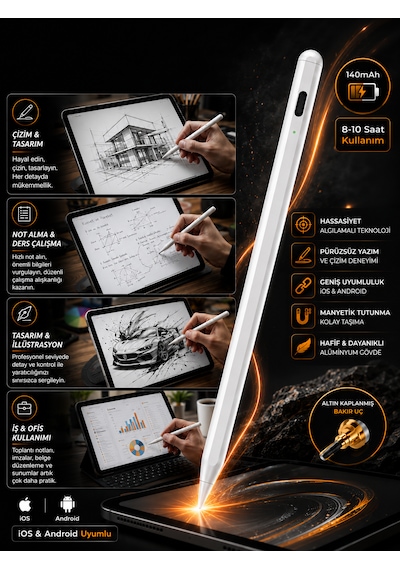 140mah İpad Tablet Akıllı Stylus Kalem Apple iOS Android Uyumlu Altın Kaplanmış Bakır Uç Hassas