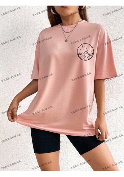 Flood Of Style Unisex Bay Güneş Ve Ay Desenli Düşük Omuz Tişört Kod-1350 Pembe