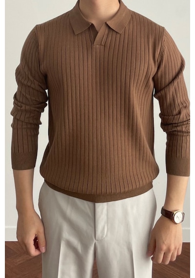 Cool Tarz Erkek Koyu Kahverengi Polo Yaka Fitilli Triko Kazak Koyu Kahverengi Koyu Kahverengi Cool Tarz Erkek Koyu Kahverengi Polo Yaka Fitilli Triko Kazak Koyu Kahverengi Koyu Kahverengi