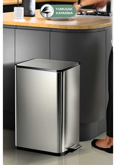 Primanova Dikdörtgen Paslanmaz Çöp Kovası 40 Litre - Inox Inox
