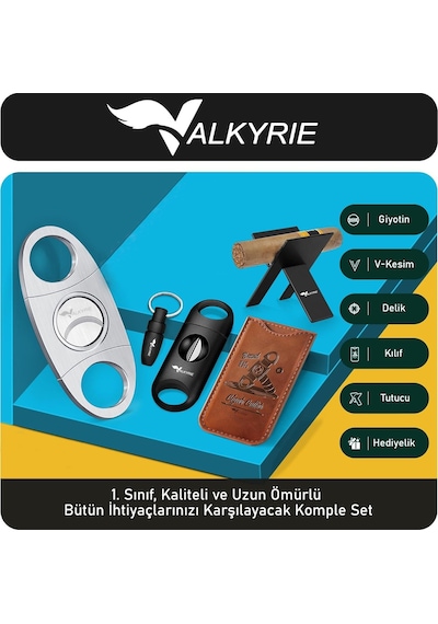 Valkyrie Premium Puro Aksesuar Seti Puro Makası V Kesim Delik Açıcı Puro Tutucu Kılıflı Komple Set