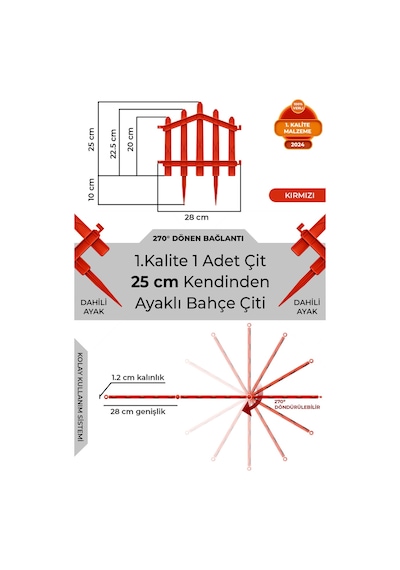 Dekoratif Plastik Bahçe Çiti Ve Peyzaj Çiti 1 Adet Çit Y: 25 Cm / G: 25 Cm Toprak Ayaklı - Kırmızı