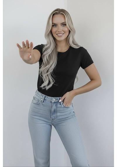 Hashtag Kadın Bisiklet Yaka Kısa Kollu Body Basic Tişört Viskon Kumaş Siyah