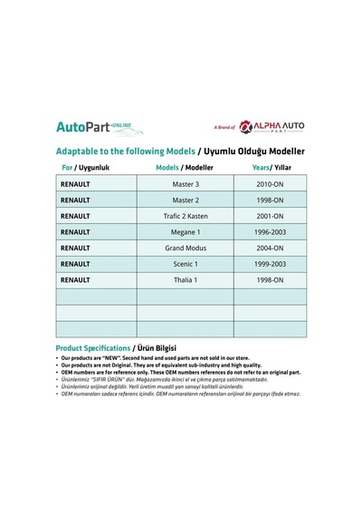 Renault Trafic 2, Megane 1, Grand Modus İçin Motor Kaput Açma Kolu