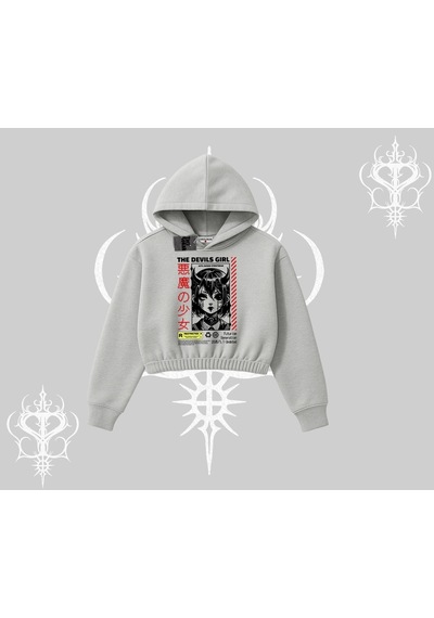 Startmore Kapşonlu Crop Sweatshirt Anime Devils Girl Japanese Style Baskılı Gri