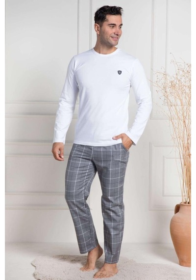 Mecit Pijama Mecit 3054 Erkek Beyaz Ekoseli Büyük Beden Pijama Takımı Beyaz