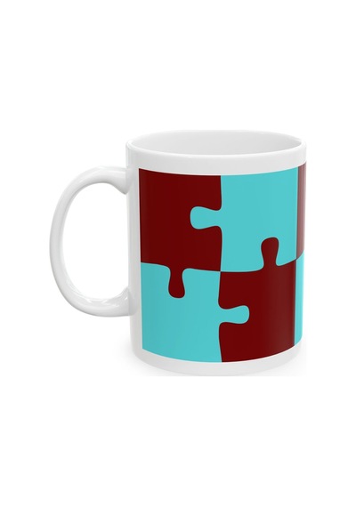 Bordo Mavi Puzzle Desenli Hediyelik Baskılı Porselen Beyaz Lüks Kupa Bardak Beyaz
