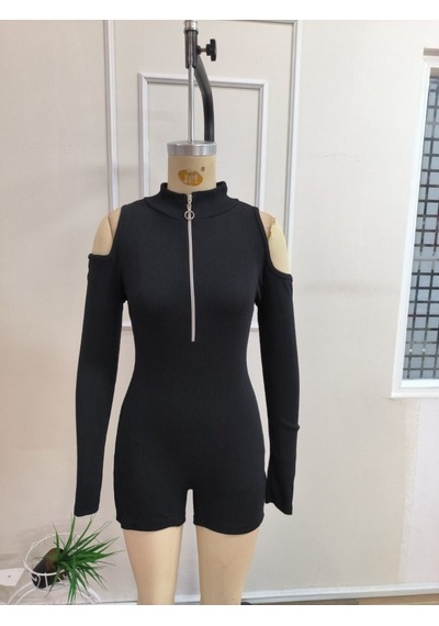 Bhrwear Kadın Omuzlardan Açık Uzun Kollu Yakadan Fermuarlı Kaşkorse Kısa Şort Tulum Çok Renkli