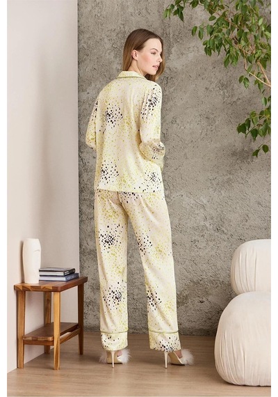 Pierre Cardin 1240 Kadın Saten Empirme Uzun Kollu Gömlek Pijama Takımı-lime Sarı
