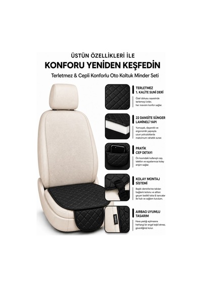 Ergonomik Cepli 3 Parça Oturak Deri Oto Minder Seti Siyah