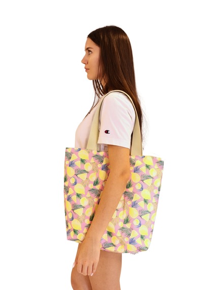 İcone Bag Kadın, Kız Plaj Çantası, Baskılı Plaj Çanta, Limon Desenli Çanta Pembe