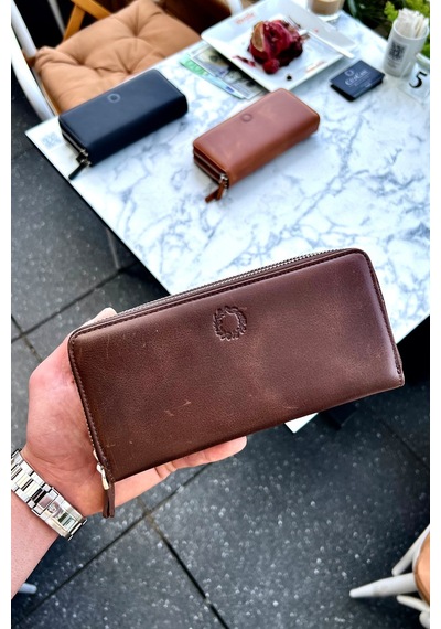 Tigan Unisex Antik Kahve Çift Fermuarlı Hakiki Deri Telefon Cüzdanı El Çantası Kahverengi