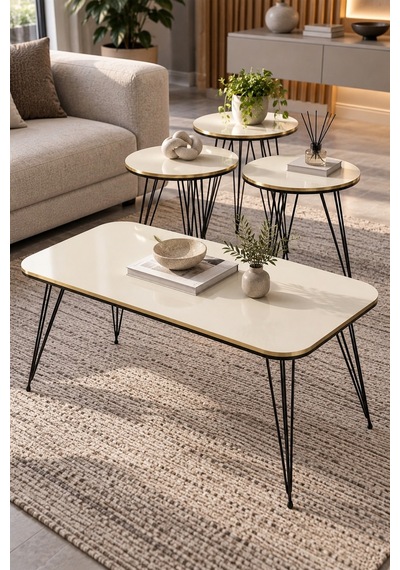 Sulorahome Siyah Tel Ayaklı Krem 4'lü Sehpa Seti