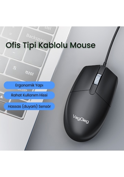 Veggieg G005 Optik 3 Tuşlu Sağ Ve Sol Elle Kullanıma Uygun Usb Kablolu Mouse Siyah Diğer