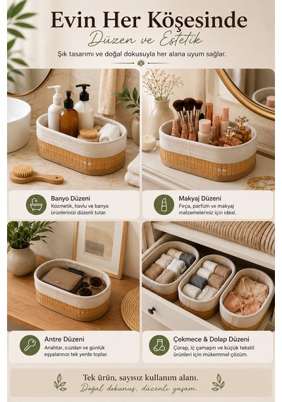 3'lü Bambu Organizer Sepeti İçi Kumaş Mutfak Banyo Dolap İçi Düzenleyici Sepetleri